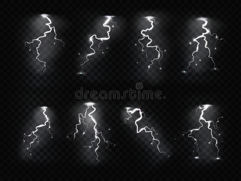 Fulmine realistico Tempesta di pioggia tempestosa di temporale dell'istantaneo di attacco del cielo blu di elettricità di tempora royalty illustrazione gratis Fulmine realistico Tempesta di pioggia tempestosa di temporale dell'istantaneo di attacco del cielo blu di elettricità di tempora royalty illustrazione gratis