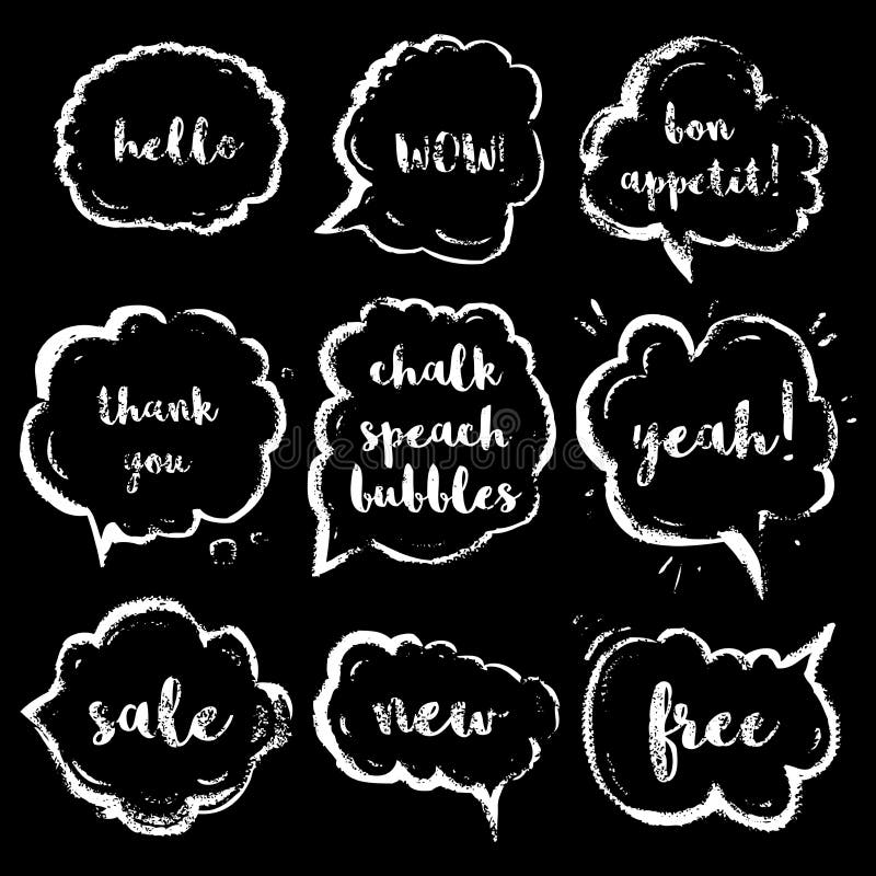 Fumetti del gesso messi con le brevi frasi (ciao, wow, appetit di Bon, grazie, sì, vendita, nuovo, libero) royalty illustrazione gratis Fumetti del gesso messi con le brevi frasi (ciao, wow, appetit di Bon, grazie, sì, vendita, nuovo, libero) royalty illustrazione gratis