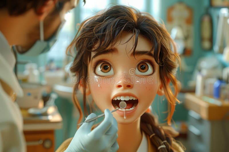 A cartoon girl with a happy smile is getting her teeth examined by a dentist. Her hair, nose, chin, mouth, jaw, ears, irises, and eyelashes are all visible AI generated. A cartoon girl with a happy smile is getting her teeth examined by a dentist. Her hair, nose, chin, mouth, jaw, ears, irises, and eyelashes are all visible AI generated