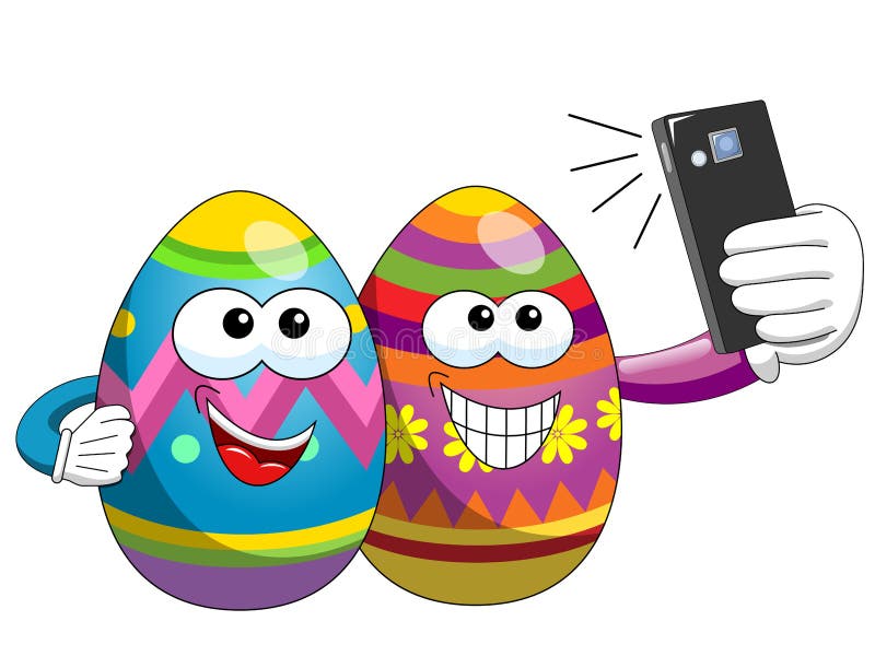 Fumetto decorato delle uova di Pasqua che prende lo smartphone del selfie isolato illustrazione vettoriale