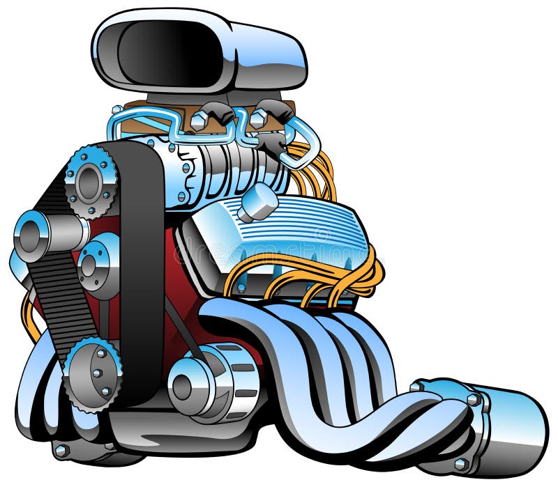 Very cool muscle car hot rod race engine vector cartoon graphic illustration in bold colors and lots of chrome, huge intake with blower, sharp detail, perfect for the automotive enthusiast. Very cool muscle car hot rod race engine vector cartoon graphic illustration in bold colors and lots of chrome, huge intake with blower, sharp detail, perfect for the automotive enthusiast