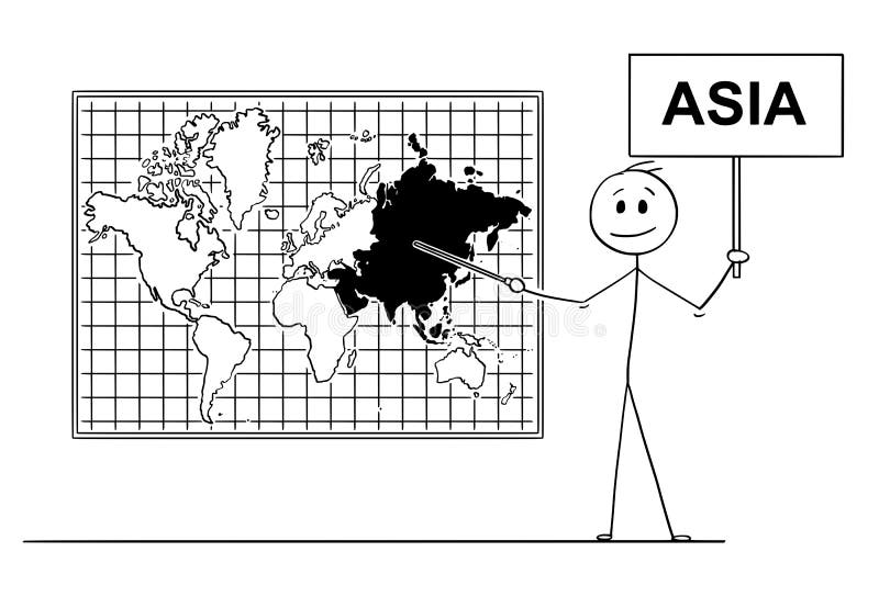 Fumetto dell'uomo che tiene un segno e che indica al continente dell'Asia sulla mappa di mondo della parete