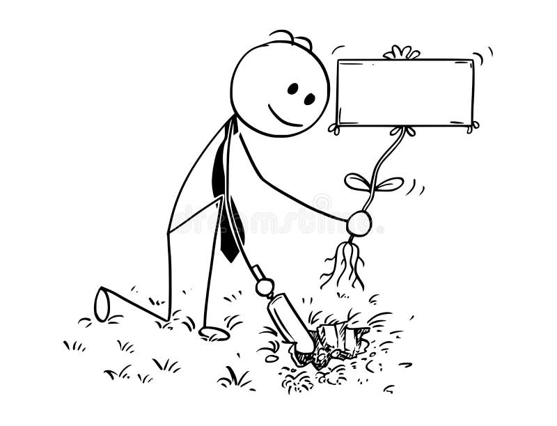 Fumetto dell'uomo d'affari Digging un foro per la pianta con il segno vuoto