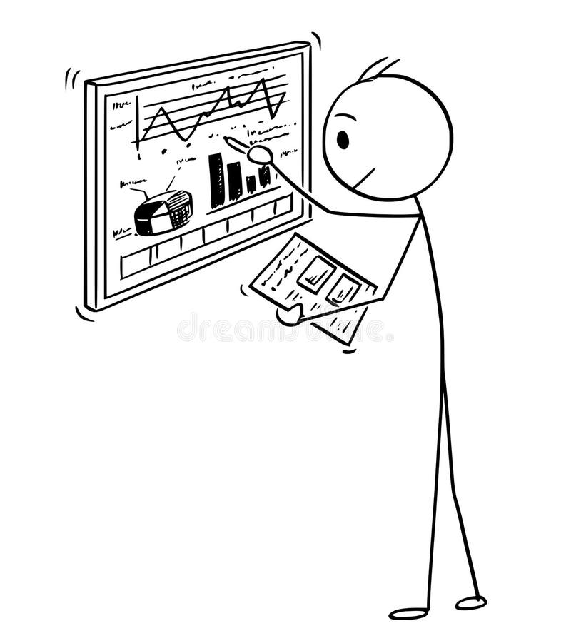 Fumetto dell'uomo d'affari Working With Charts sullo schermo di computer illustrazione vettoriale