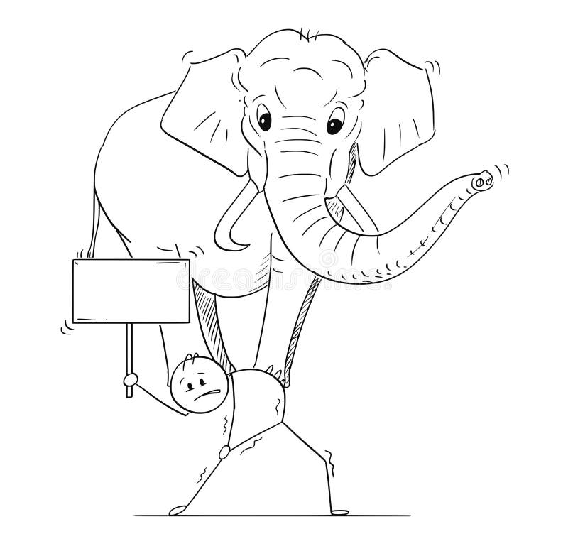 Fumetto dell'uomo o dell'uomo d'affari Carrying Elephant sulla sua parte posteriore e sulla tenuta del segno vuoto