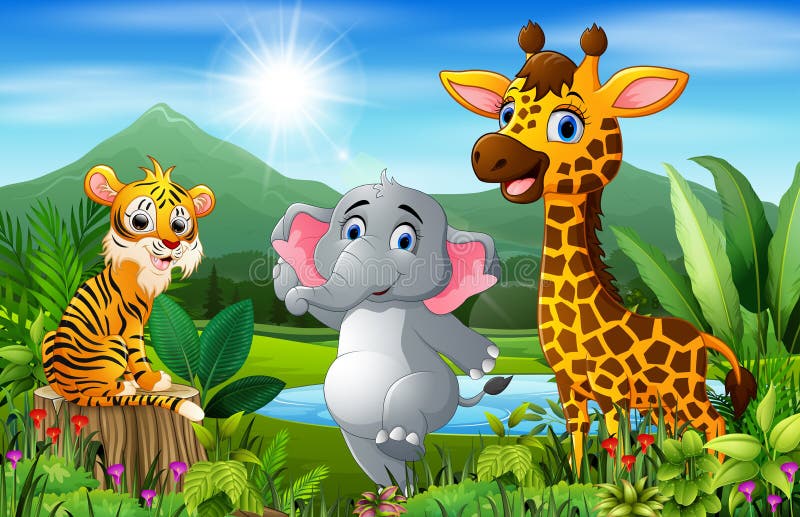 Fumetto di bello paesaggio con differenti animali royalty illustrazione gratis Fumetto di bello paesaggio con differenti animali royalty illustrazione gratis
