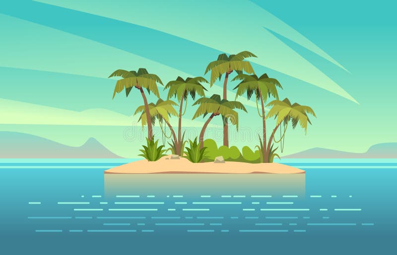 Ocean island cartoon. Tropical island with palm trees summer landscape. Sand beach and sun in blue sky. Travel vacation exotic trip to rock and jungle paradise vector template. Ocean island cartoon. Tropical island with palm trees summer landscape. Sand beach and sun in blue sky. Travel vacation exotic trip to rock and jungle paradise vector template