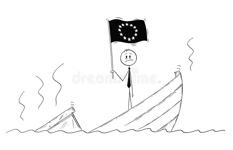 Fumetto di Politico Standing Depressed sulla barca d'affondamento con Unione Europea o la bandiera di UE illustrazione vettoriale Fumetto di Politico Standing Depressed sulla barca d'affondamento con Unione Europea o la bandiera di UE illustrazione vettoriale