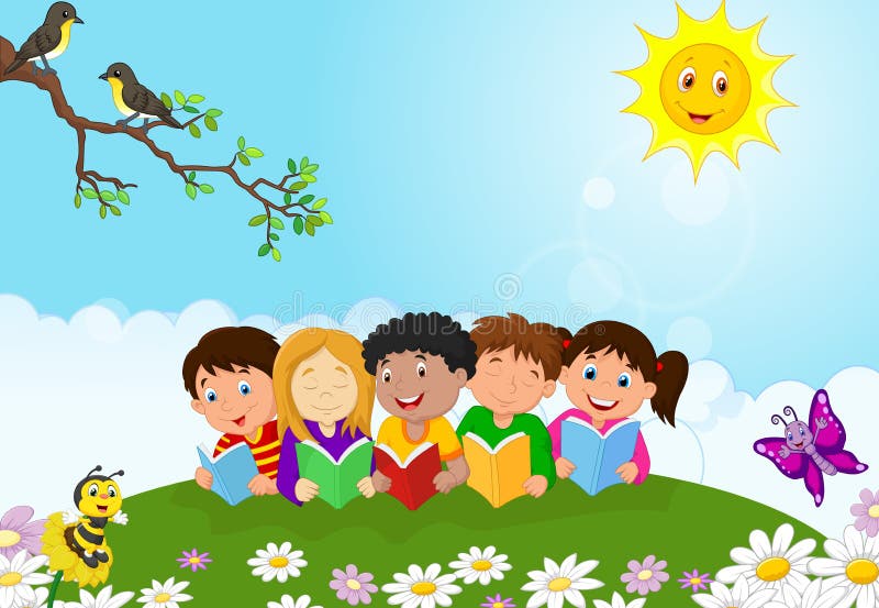 Illustration of Happy children cartoon sitting on the grass while reading books. Illustration of Happy children cartoon sitting on the grass while reading books
