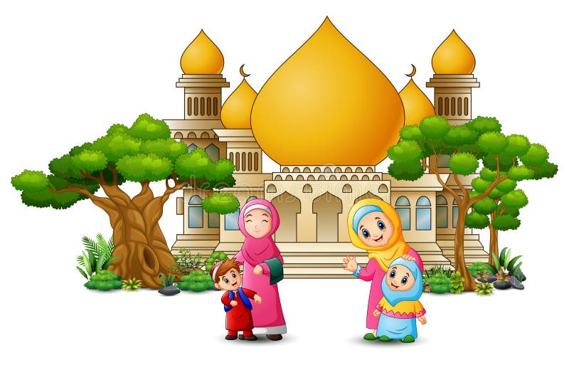Fumetto islamico felice dei bambini che gioca davanti ad una moschea illustrazione vettoriale Fumetto islamico felice dei bambini che gioca davanti ad una moschea illustrazione vettoriale