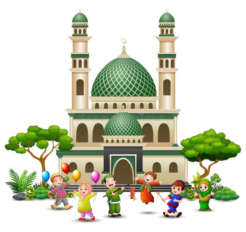 Fumetto islamico felice dei bambini che gioca davanti ad una moschea illustrazione vettoriale Fumetto islamico felice dei bambini che gioca davanti ad una moschea illustrazione vettoriale