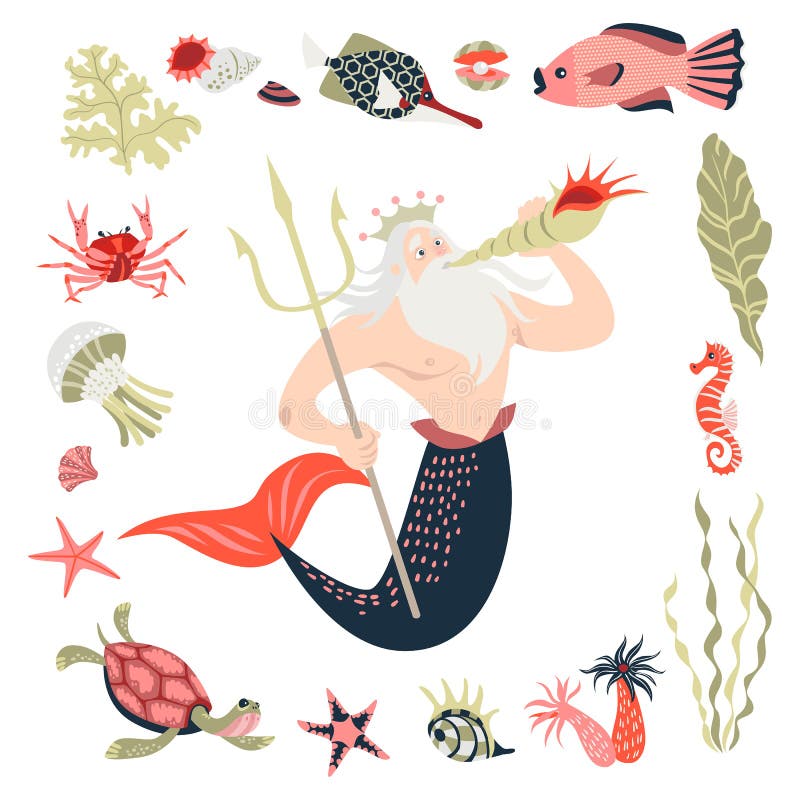 Fumetto tritone circondato dal pesce, dall'animale, dall'alga e dai coralli tropicali Carattere di fiaba Vita di mare illustrazione di stock Fumetto tritone circondato dal pesce, dall'animale, dall'alga e dai coralli tropicali Carattere di fiaba Vita di mare illustrazione di stock