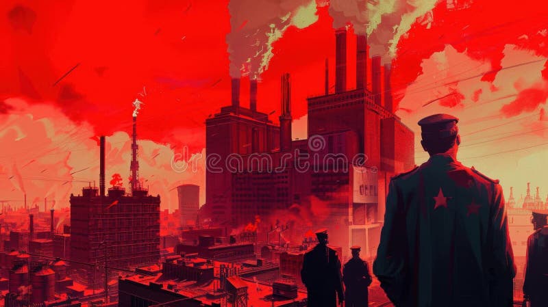 Fumogene di paesaggi industriali e cielo rosso illustrazione vettoriale