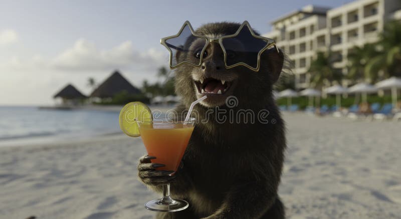 AI Generative Monkey on Beach Vacation with Cocktail stock images