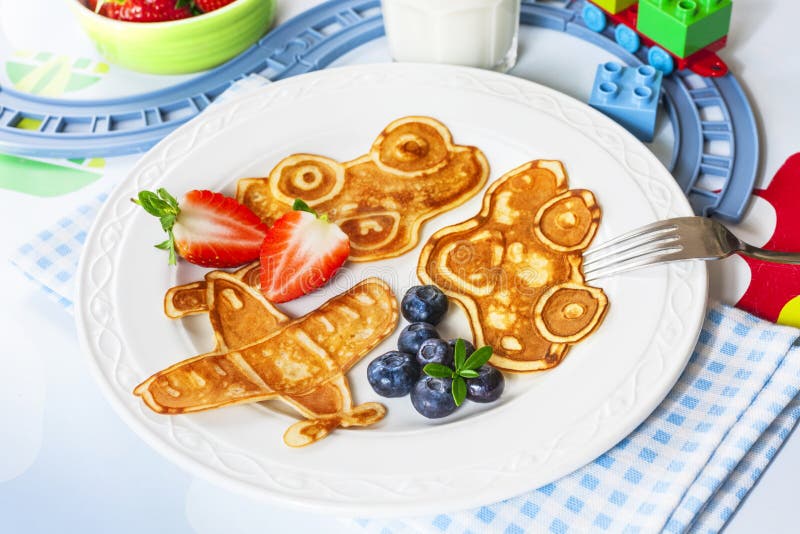 Fun Airplane and Car Shaped Pancakes for Kids Stock Photo Image of