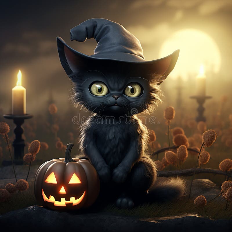 Fun Black Kitten with a Witches Hat in Graveyard Surrounded by Pumpkins
