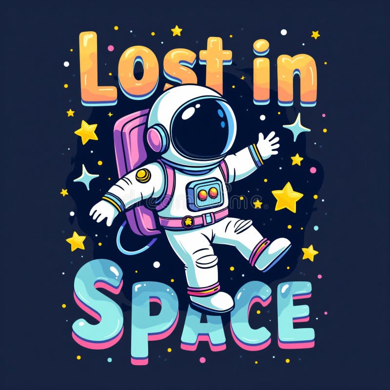 Fun Cartoon Astronaut Lost in Space TShirt Design Stock Illustration