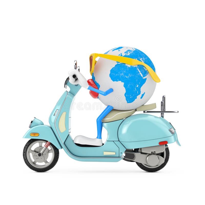 Fun Cartoon Fashion Hipster Cut Earth Globe Person Character Mascot Riding Classic Vintage Retro or Electric Scooter on a white background. 3d Rendering