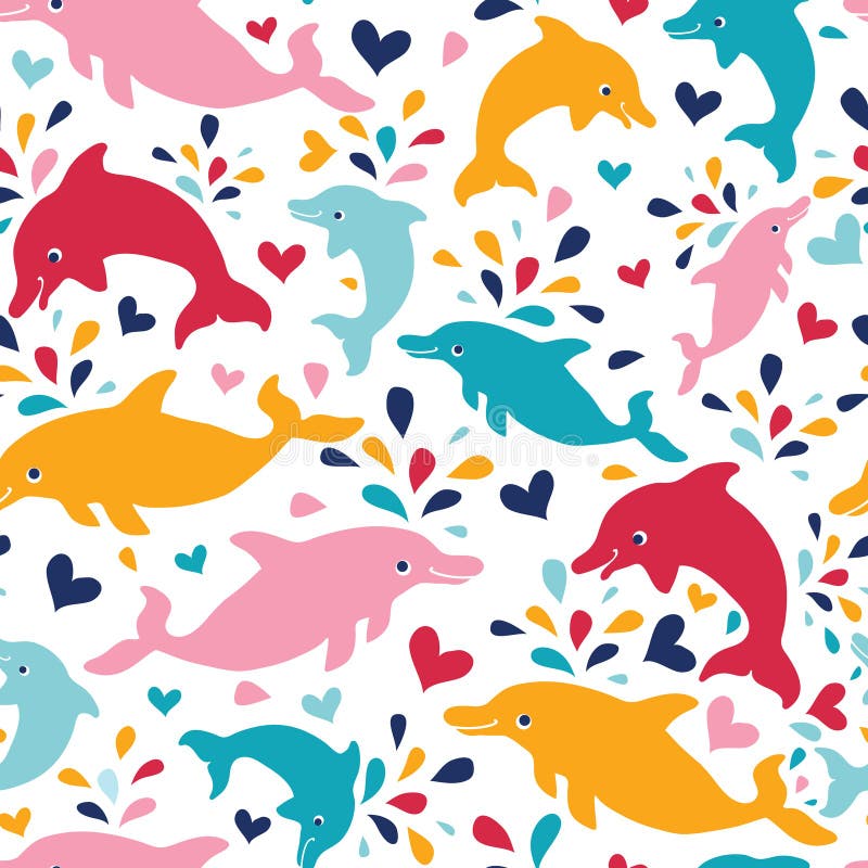 Vector fun colorful dolphins seamless pattern background