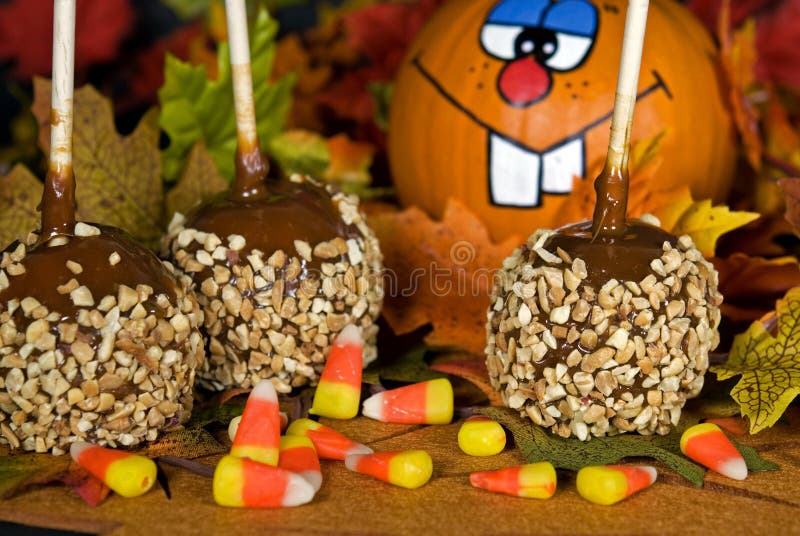 caramel apples with candy corn royalty free stock photography