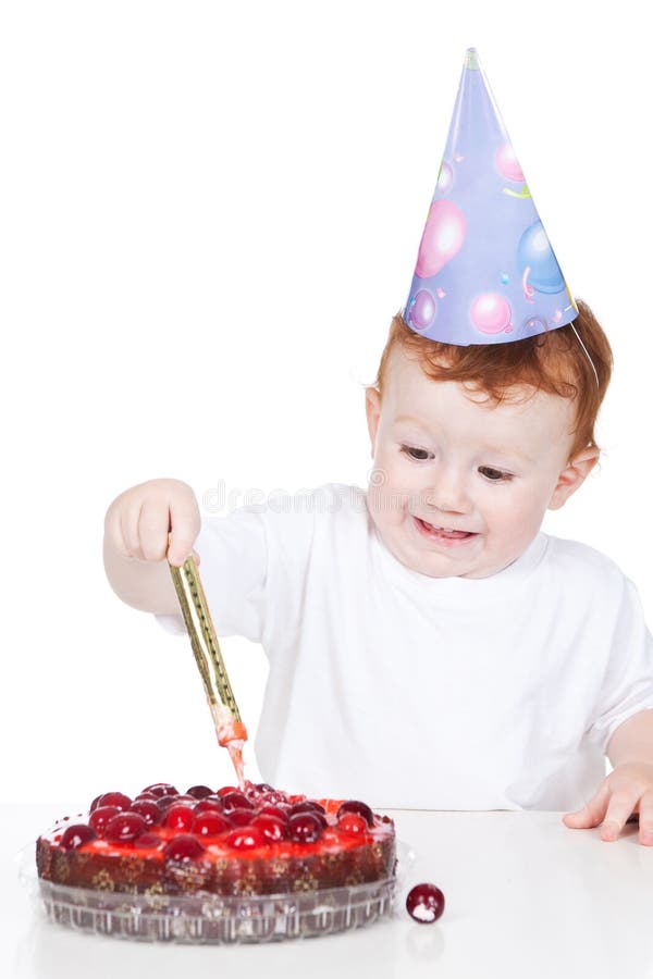 Fun Little Boy with Birthday Cake Over White Stock Image Image of