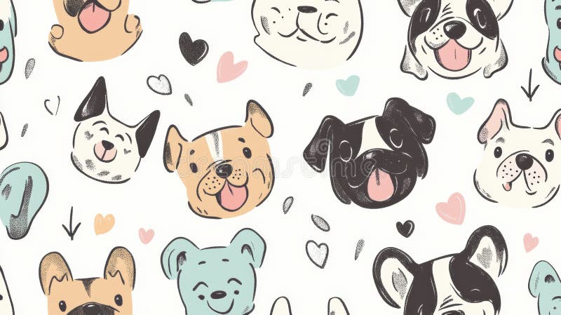 A fun and lively doodle-style design showcases various happy dog faces, surrounded by playful hearts and space for text royalty free stock image