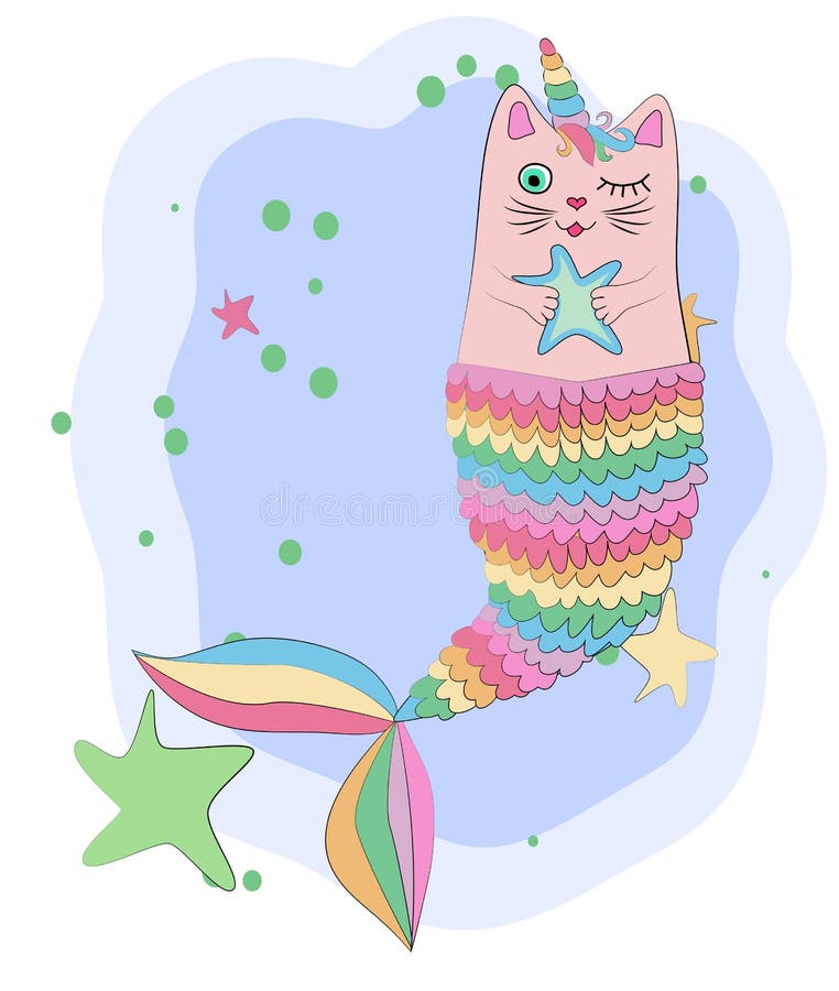 Fun Magic Cat Unicorn and Mermaid. Stock Vector - Illustration of ...