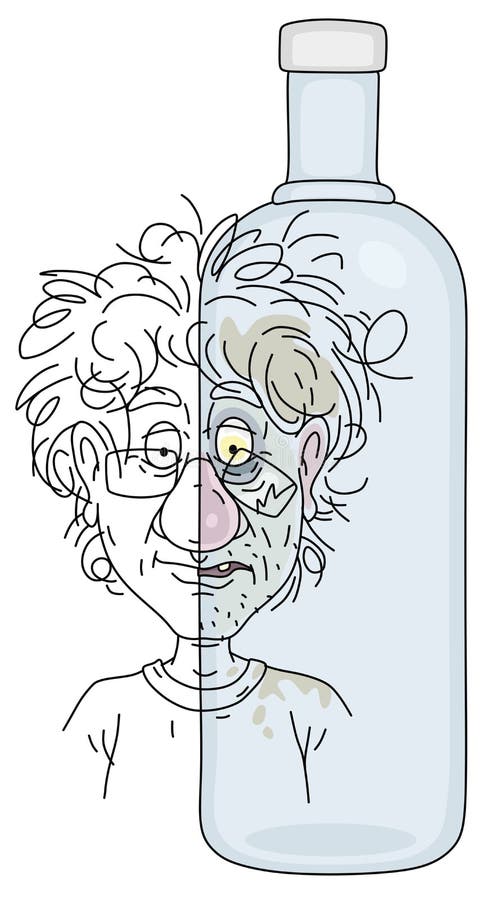 Sober and drunk, a slightly smiling normal face and a sad, unkempt and battered face with bruise of a toper on the background of a empty bottle, vector cartoon illustration. Sober and drunk, a slightly smiling normal face and a sad, unkempt and battered face with bruise of a toper on the background of a empty bottle, vector cartoon illustration