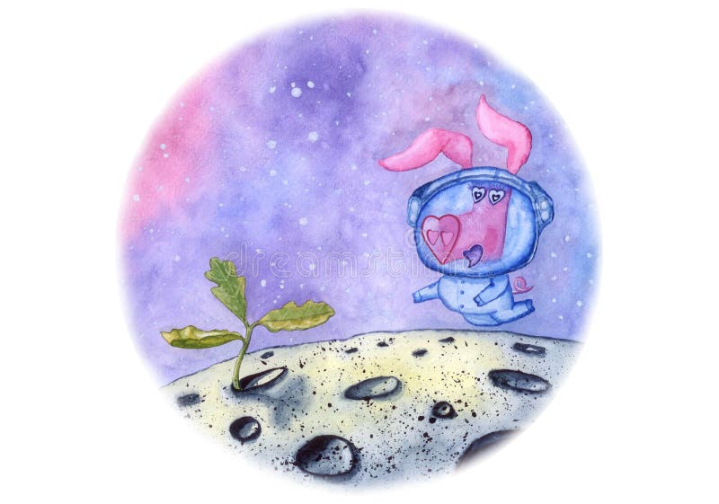 Illustration of circle with pig in space suit finding new life on the Moon, hand drawn with watercolor