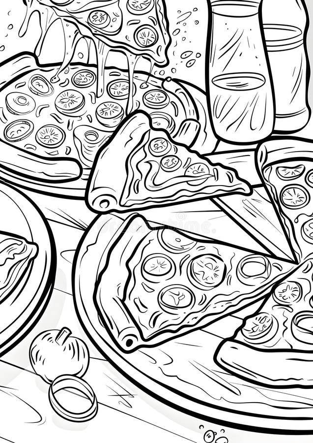 Fun Pizza Party Coloring Page for Kids Stock Illustration