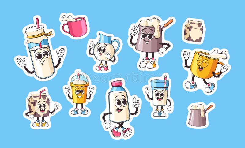 Fun Vector Retro Cartoon Dairy Product Stickers With Happy Faces On A Blue Background. Featuring Various Milk, Cream stock illustration