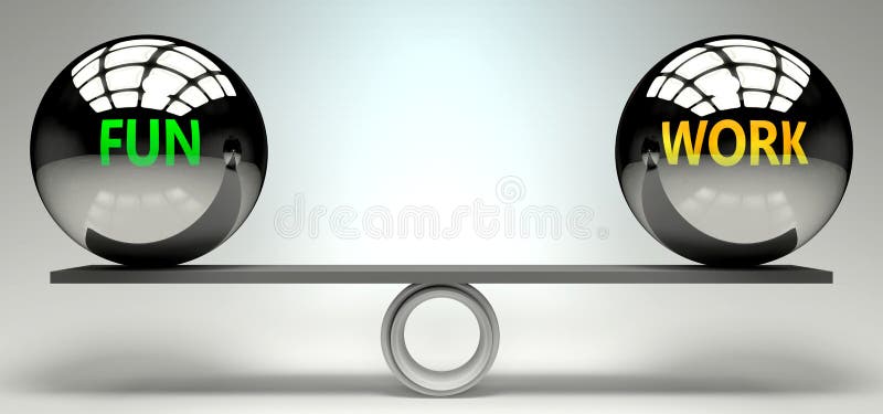 Fun and work balance, harmony and relation pictured as two equal balls with text words showing abstract idea and symmetry between royalty free illustration.