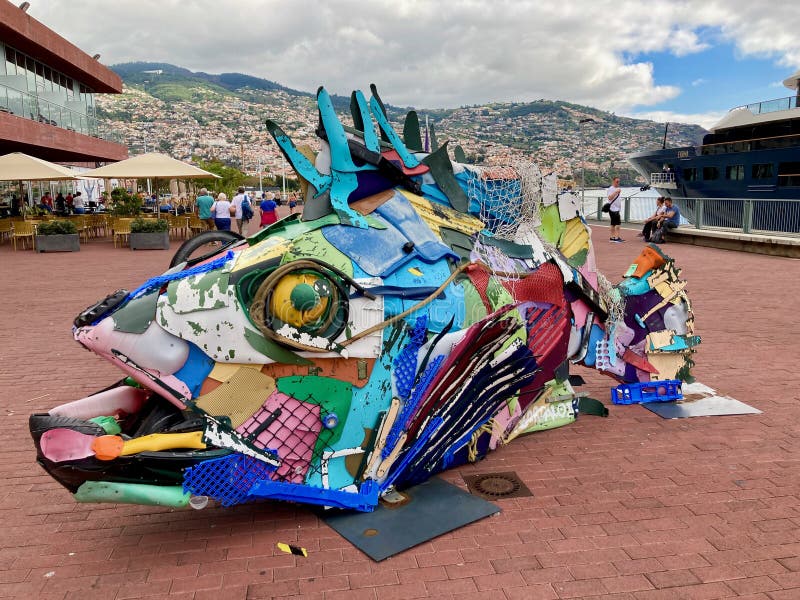 Fish sculpture made of trash fished out of the sea