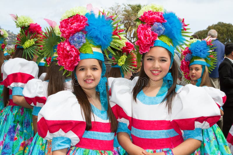 Funchal, Madeira - April 20, 2015: Girls with Flower Headdress at the ...