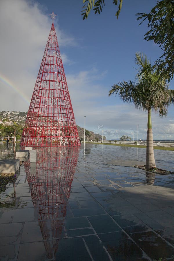 Funchal, Madeira, Portugal - ein Rot, Metallweihnachtsbaum und sein Refection stockfotografie Funchal, Madeira, Portugal - ein Rot, Metallweihnachtsbaum und sein Refection stockfotografie