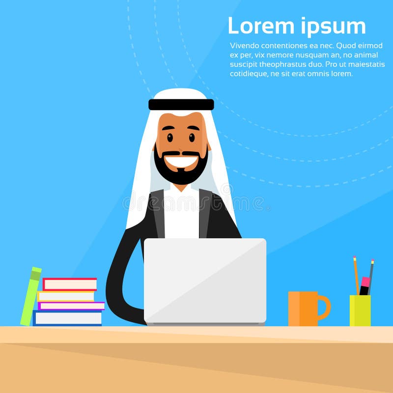 Funcionamento árabe de Sitting Office Desk do homem de negócios ilustração royalty free Funcionamento árabe de Sitting Office Desk do homem de negócios ilustração royalty free