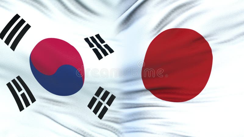 Funcionarios de la Corea del Sur y de Japón que intercambian el sobre confidencial, contra banderas