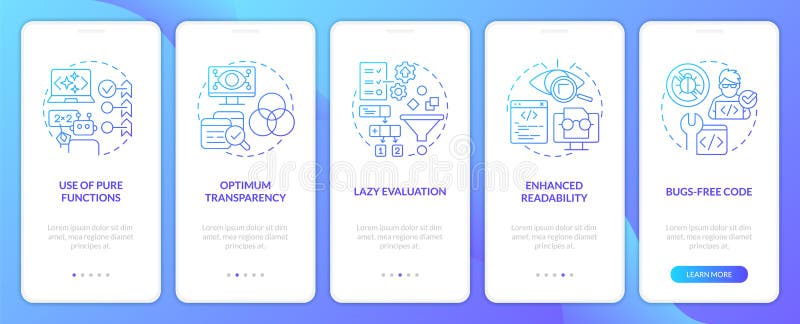 Functional programming pros blue gradient onboarding mobile app screen stock illustration