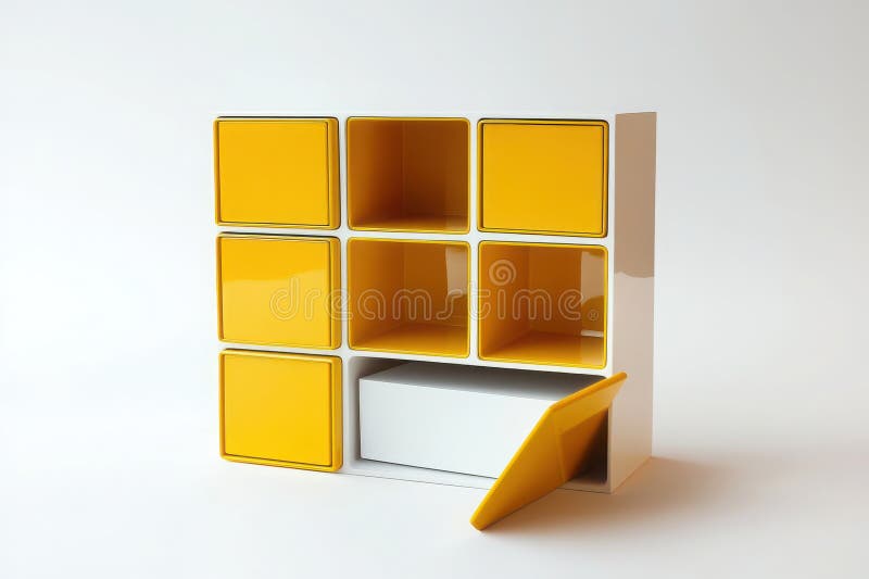 Bright yellow cubes arranged in a modular grid pattern create a functional and visually appealing storage solution, perfect for. a functional and visually interesting storage solution using yellow cubes. The cubes are arranged in a grid pattern, forming a modular storage system. One of the compartments is open, revealing a white box inside, suggesting the cubes can be used for organizing various items. The bright yellow color of the cubes makes them stand out, adding a pop of color to any space. The design is simple yet