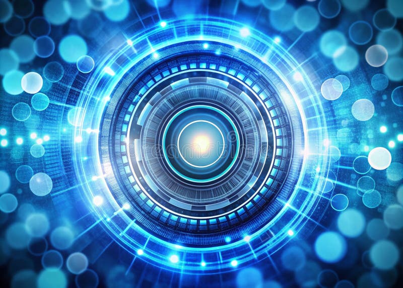 Fundal abstract dinamic, cu cercuri geometrice albastre complexe și vizualizare de date mari, cu o problemă futuristă stock illustration