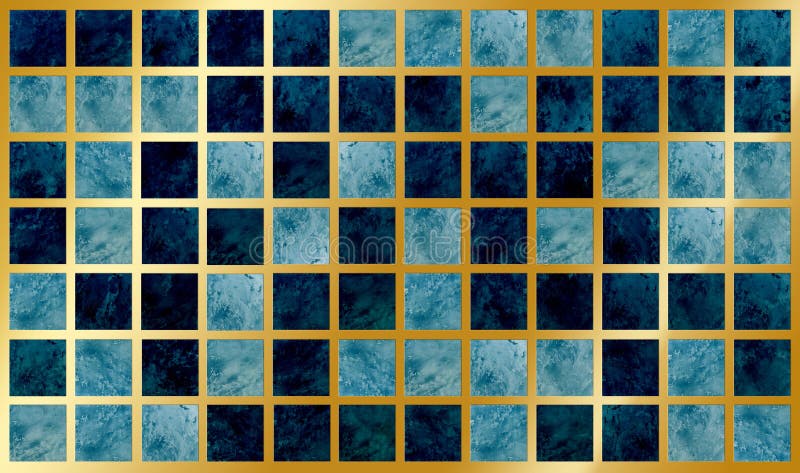 Fundal cu plăci mozaic marmură în ton albastru cu îmbinări colorate în aur. Renovare de lux stock photo