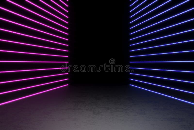 Fundal cu un coridor negru gol cu lumină neon. fundal abstract cu linii și randare strălucire 3d. stock image
