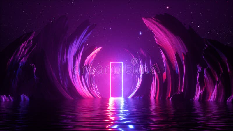 Fundal 3d abstract. peisajul cosmic, în noapte, cu pietre și apă. cadru dreptunghiular strălucitor cu albastru roz royalty free stock photo