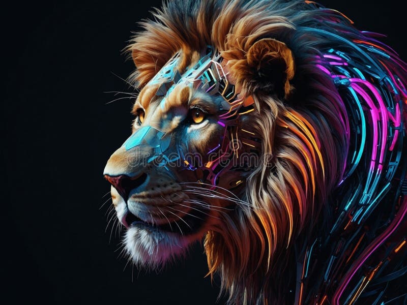 Fundal de ecran abstract cu lumină neon, Leu Cyborg vector illustration