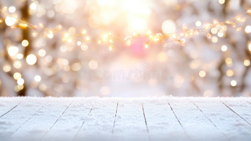 Fundal de iarnă de minuni cu lumini licărire și scânduri din lemn de zăpadă stock images