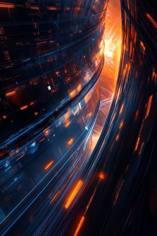 Fundal digital abstract futuristic cu lumini luminoase neon strălucitoare în modele geometrice întunecate stock illustration