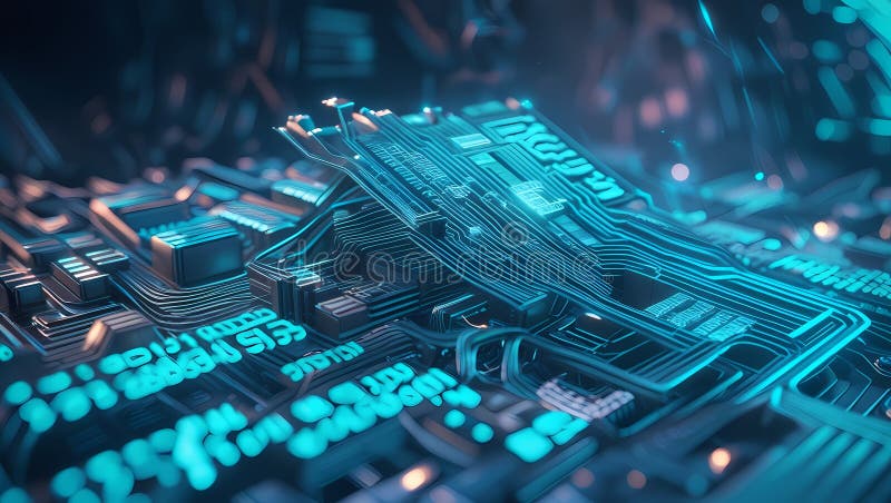Fundal din fibră optică cu multe puncte de lumină. Nucleu neon : HighTech Futuristic Circuit Board în stil Cyberpunk stock illustration