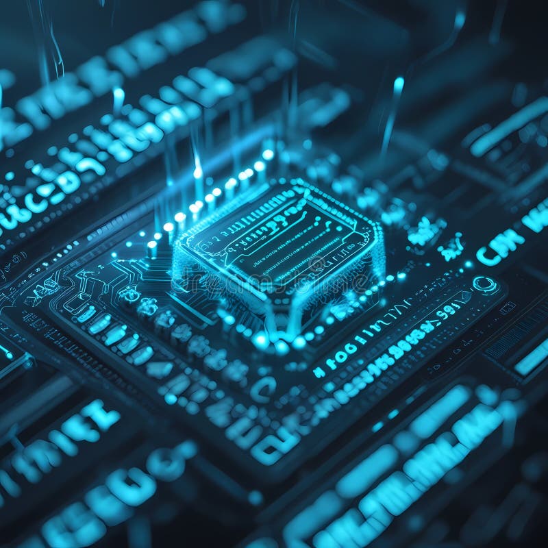 Fundal din fibră optică cu multe puncte de lumină. Nucleu neon : HighTech Futuristic Circuit Board în stil Cyberpunk stock illustration