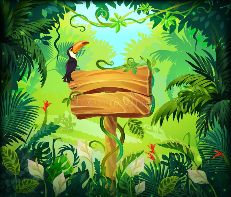 Fundal din jungla de desene animate. paravan pentru păduri tropicale, cu panouri din lemn și frunze exotice verzi. vector vector illustration