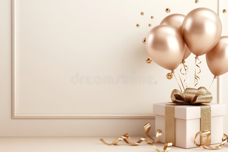 Fundal elegant pentru carduri de ziua dvs. , cu baloane tip cutie cadou 3d și design panglică de aur royalty free stock photos